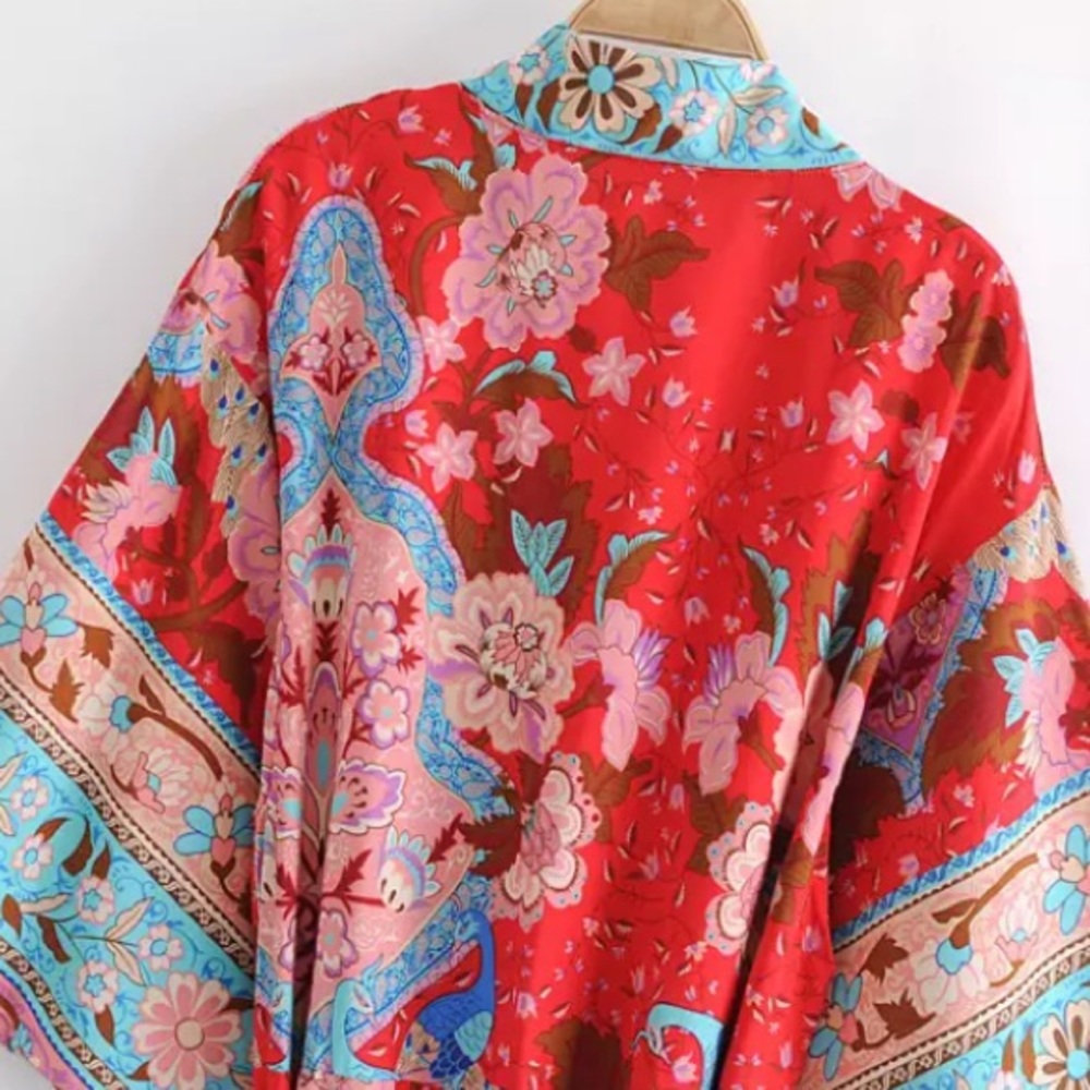 SOLD OUT Bohemian Red Peacock Floral Gypsy Kimono Long Maxi Coverup Duster Robe - Picture 4 of 11